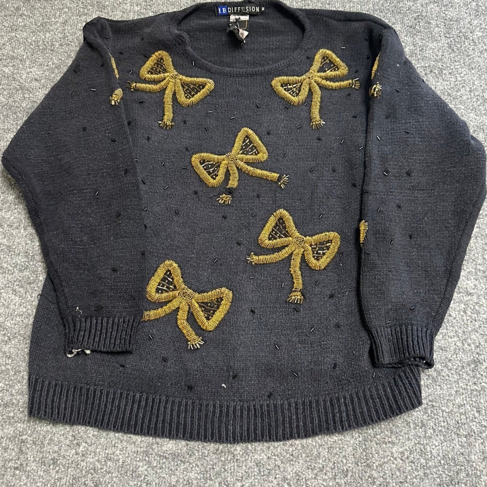 I.B. Diffusion Sweater Womens Size M Black Silk Blend Beaded Gold Bows Vintage